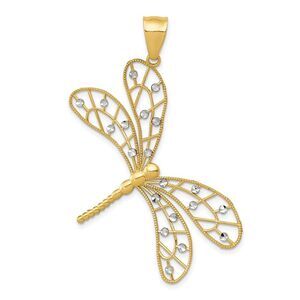 14k Two Tone Gold Large Filigree Dragonfly Pendant, 40mm (1 1/2 inch)